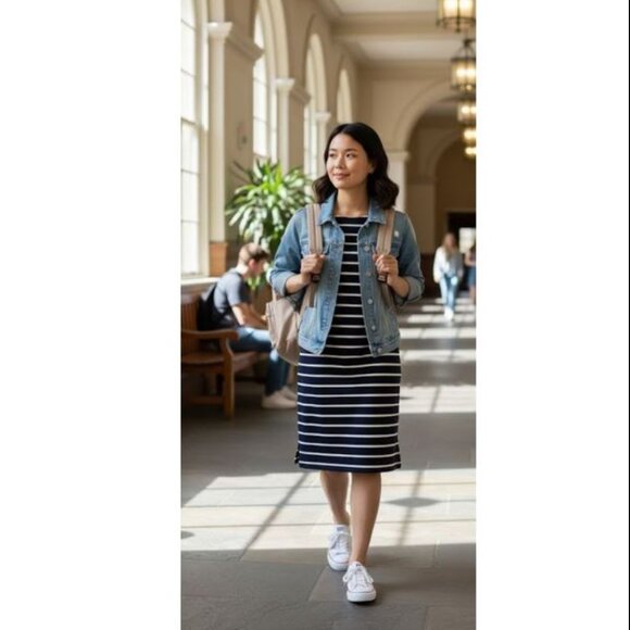 BANANA REPUBLIC, Navy and white short sleeve striped dress - Picture 2 of 15